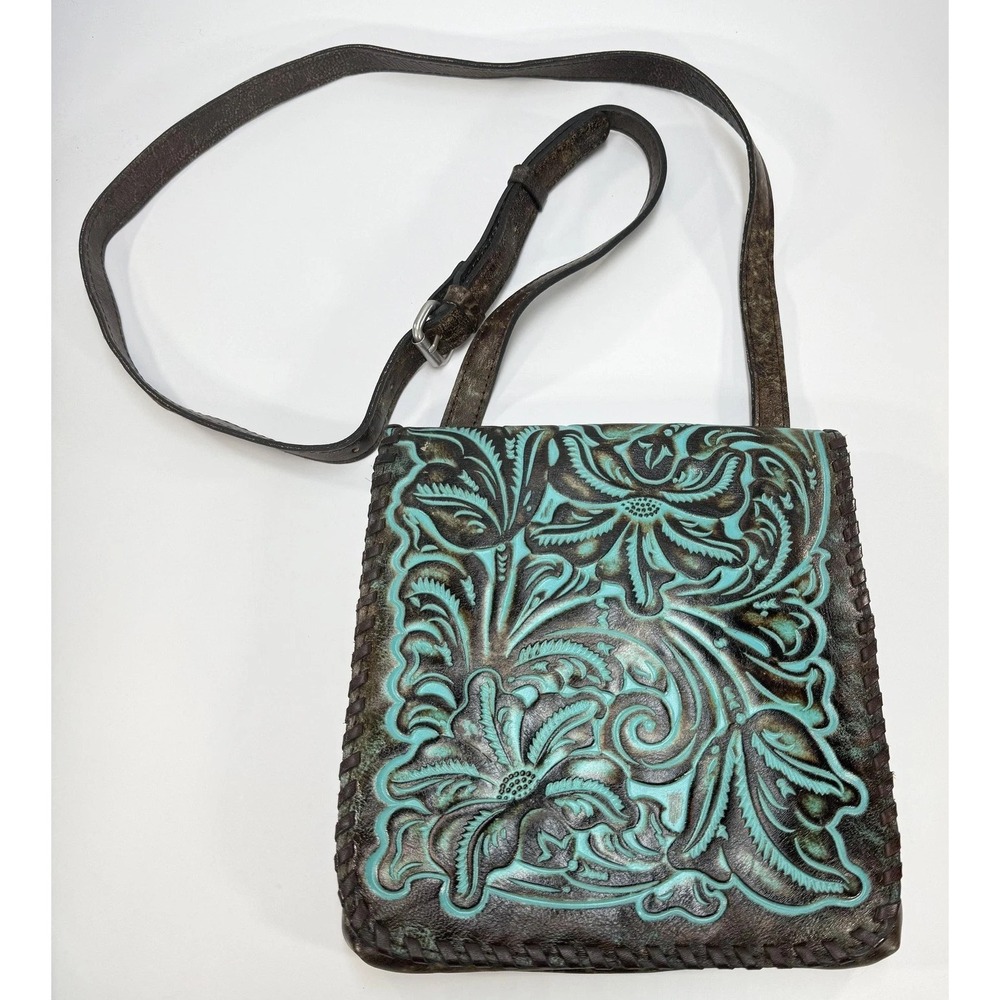 Patricia Nash Crossbody Bag Womens Embossed Italian Leather Purse Turquoise